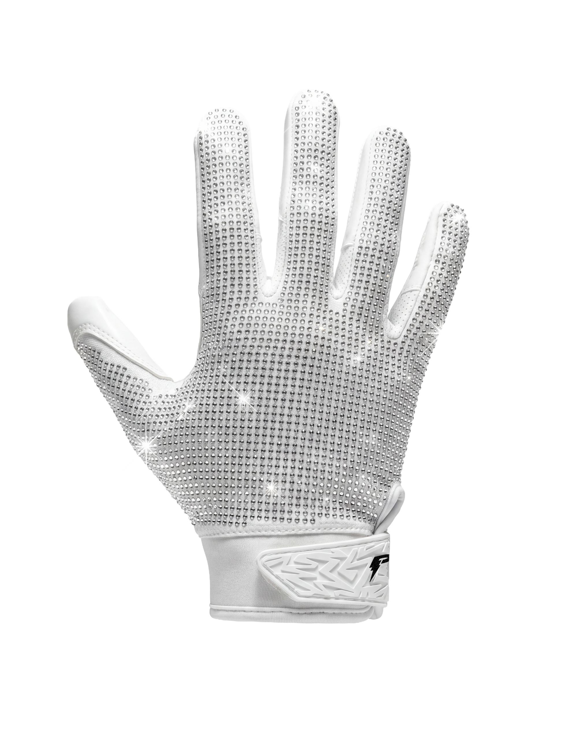 White football glove with textured palm on a white background