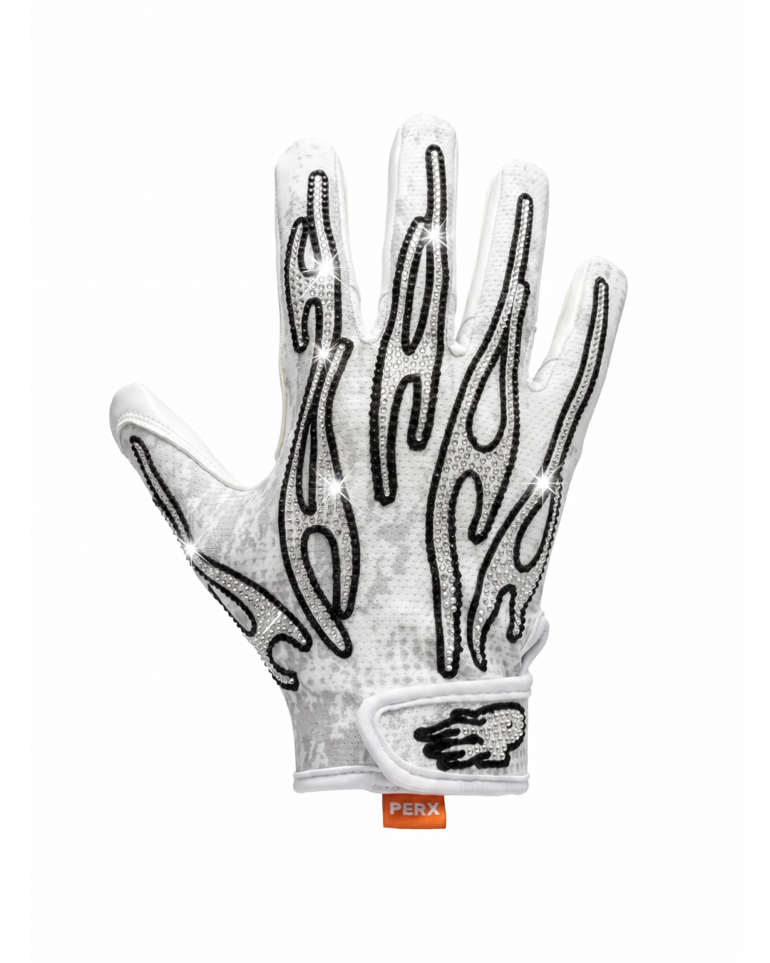 White glove with black flame patterns on a white background