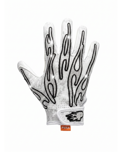 White glove with black flame patterns on a white background