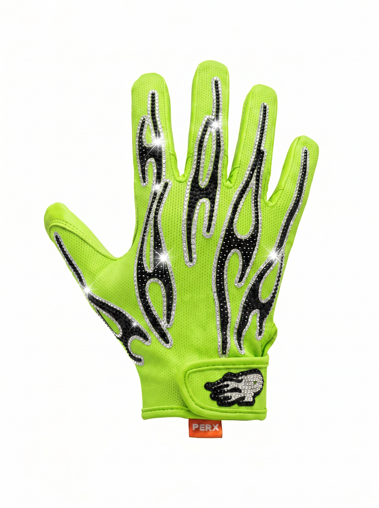 Fluorescent green glove with black flame design on a white background