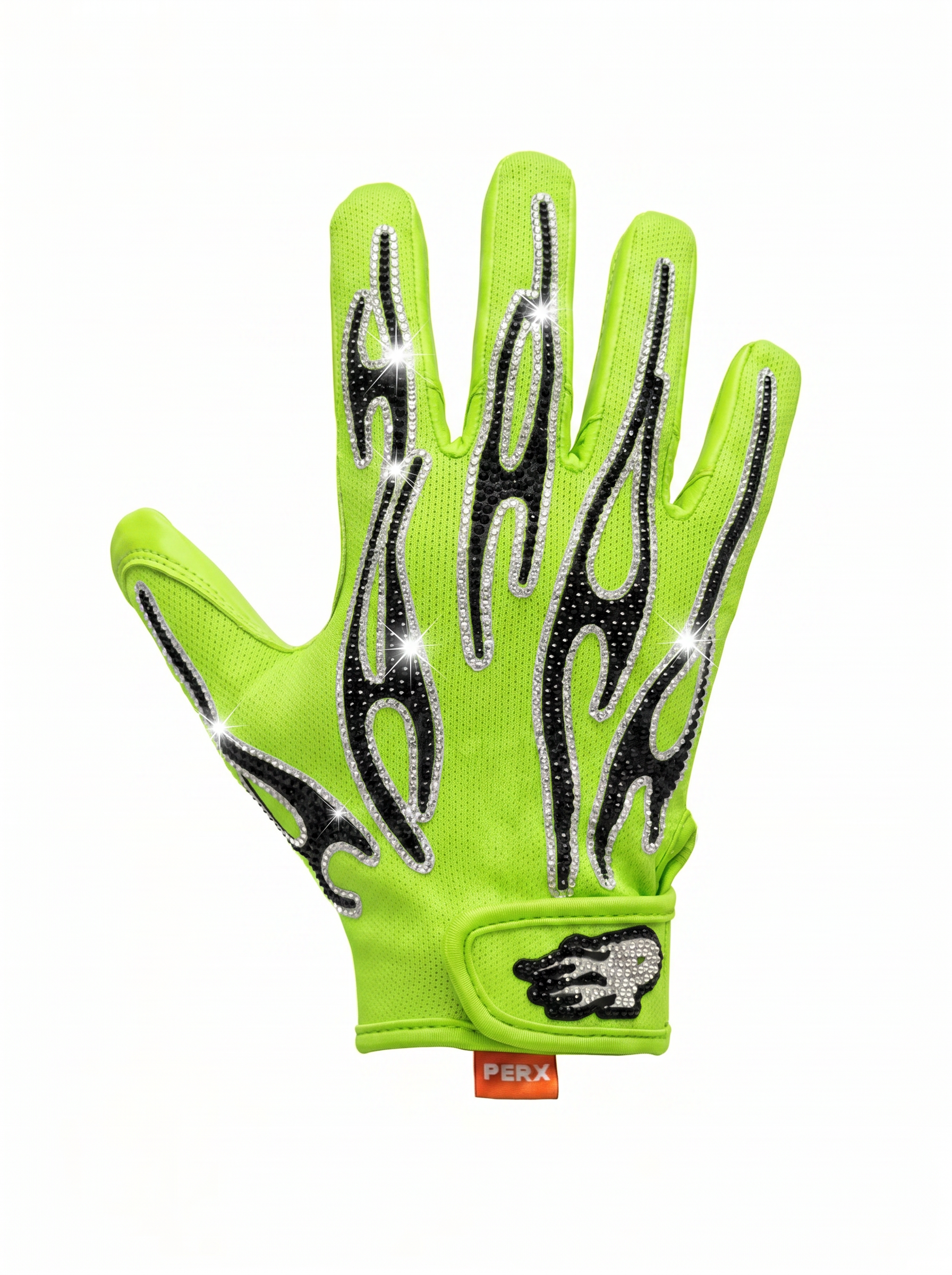 Fluorescent green glove with black flame design on a white background