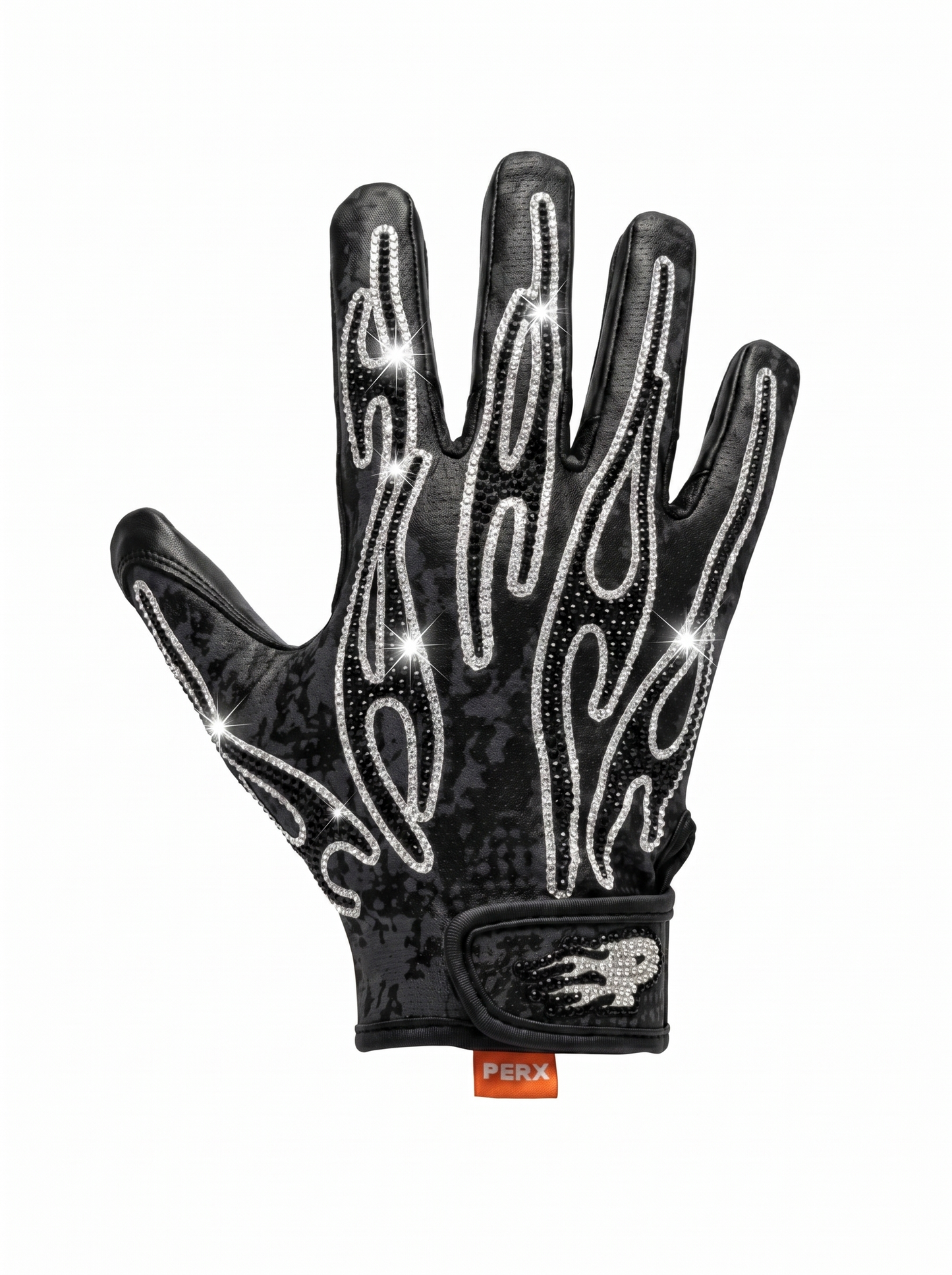 Black glove with flame design and reflective elements on a white background