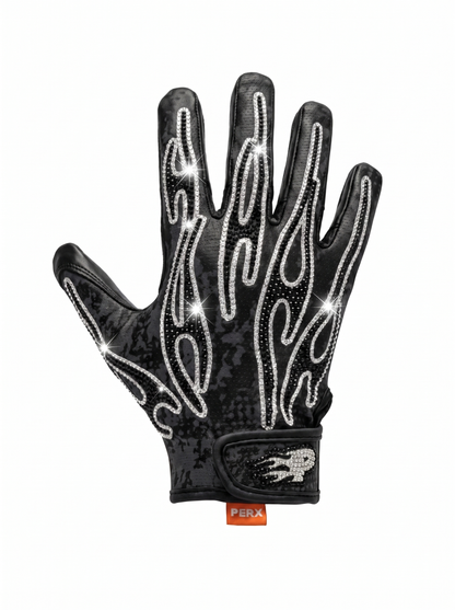 Black glove with flame design and reflective elements on a white background
