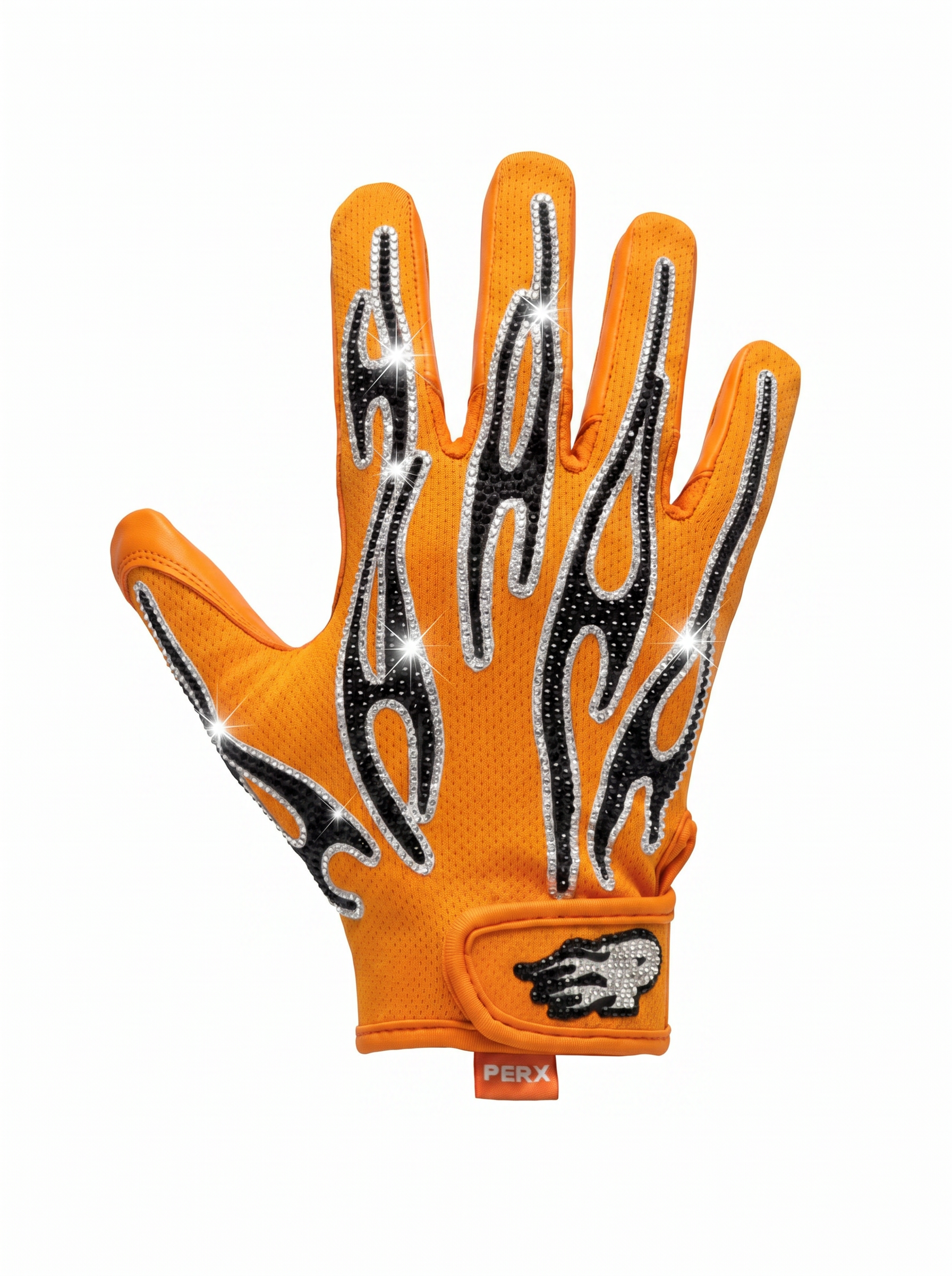 Orange glove with black flame design on a white background