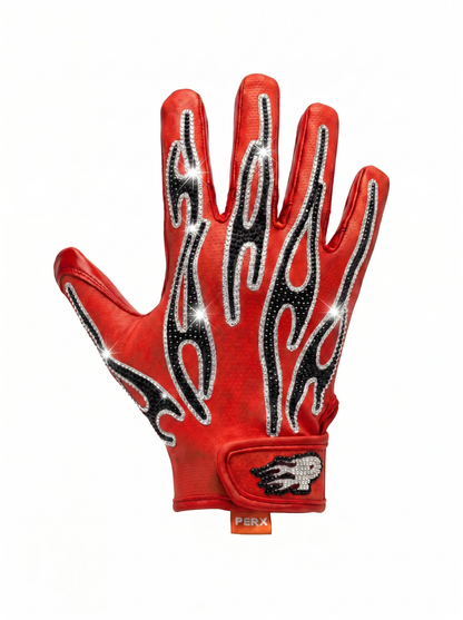 Red glove with black flame patterns on a white background