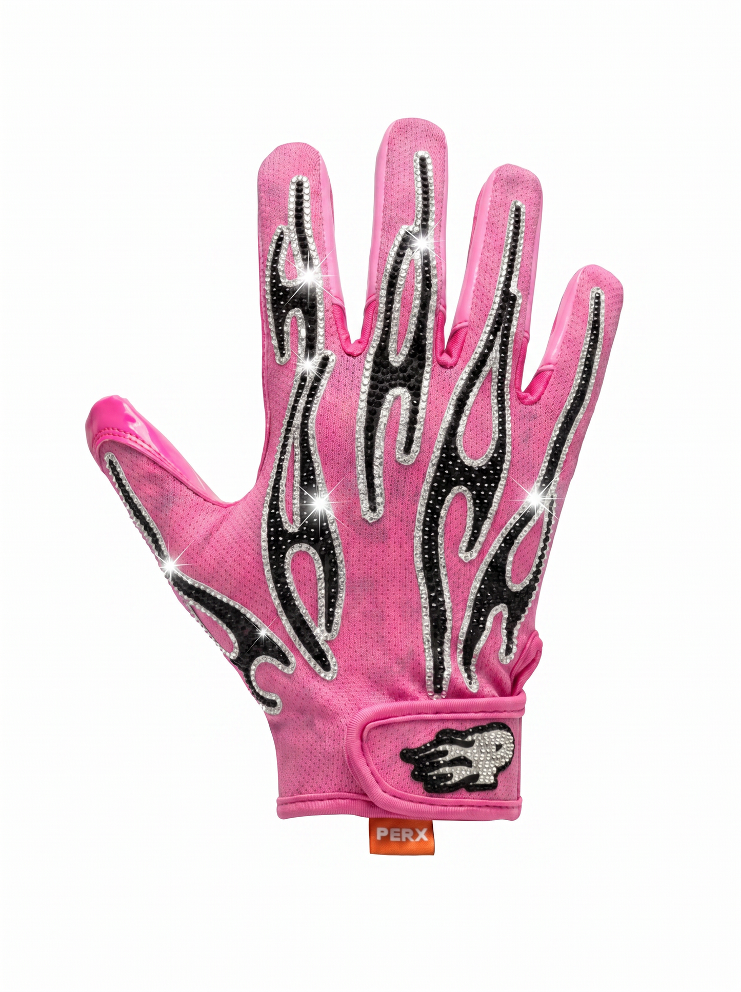 Pink glove with black flame patterns on a white background