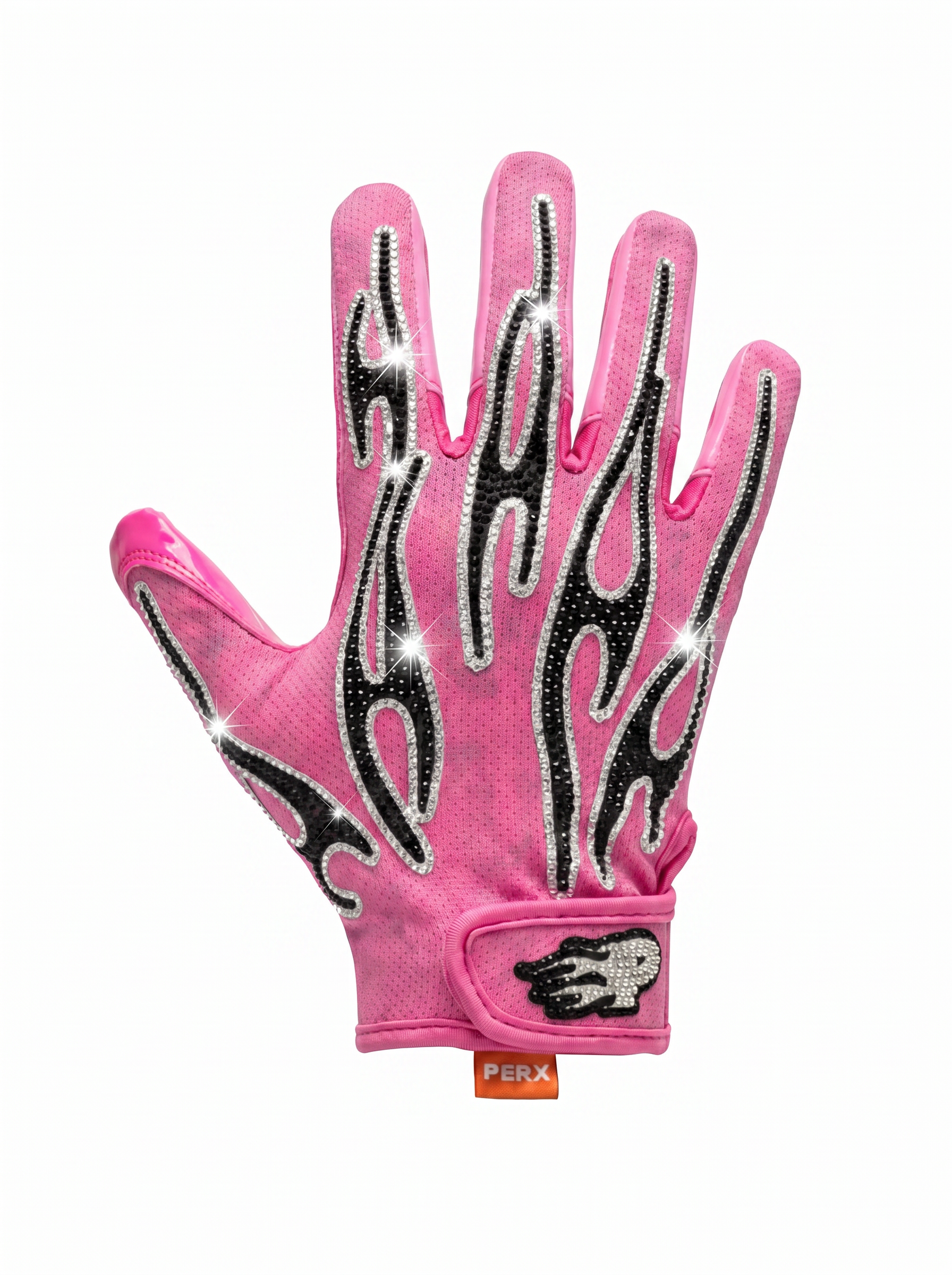 Pink glove with black flame patterns on a white background