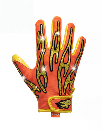 Orange and yellow flame-patterned glove with a perx logo on a white background
