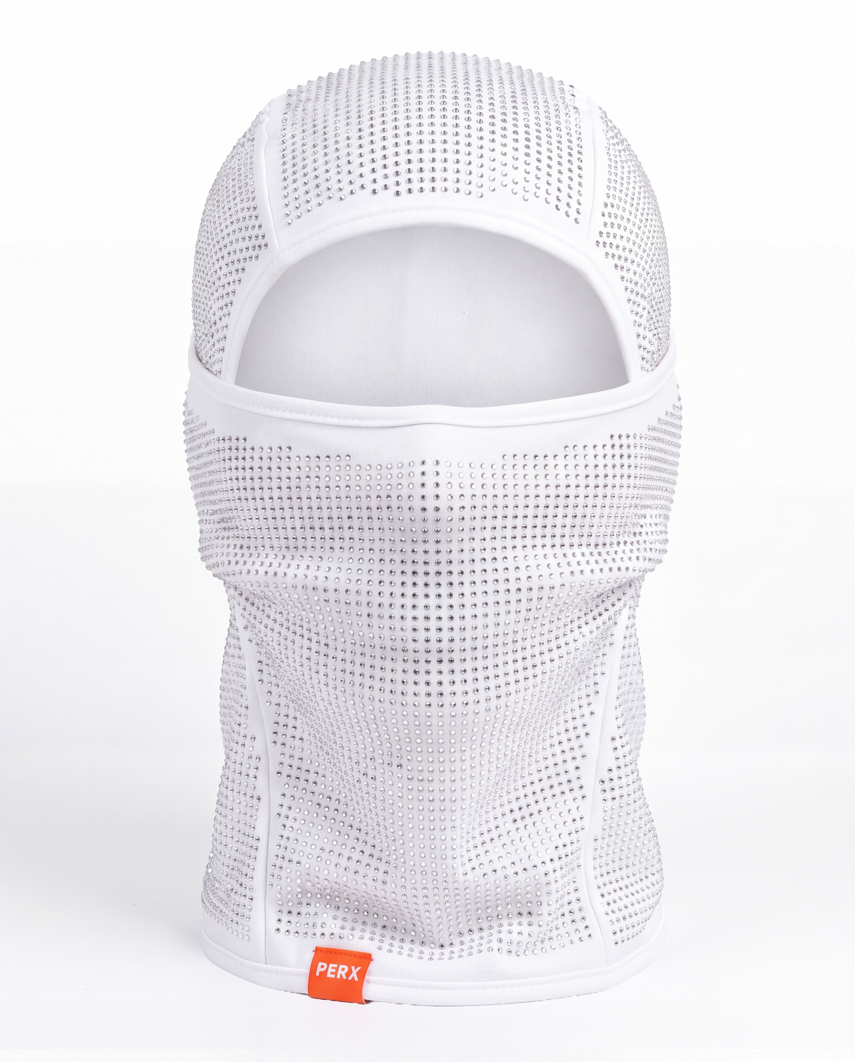 White mesh balaclava face mask with a small orange PERX brand tag at the bottom, displayed on a clean white background.