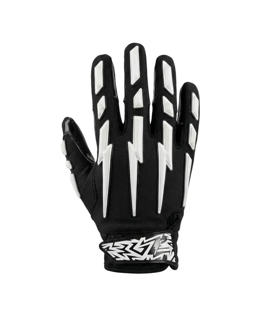 Black and white glove with a unique design on a white background
